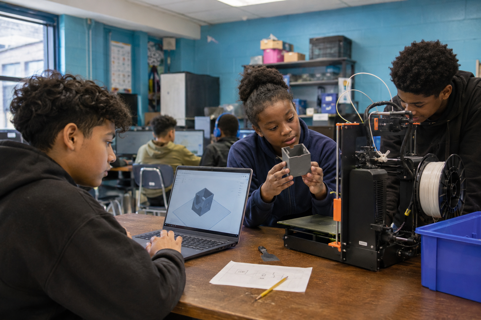 Students using digital fabrication and 3D printing tools