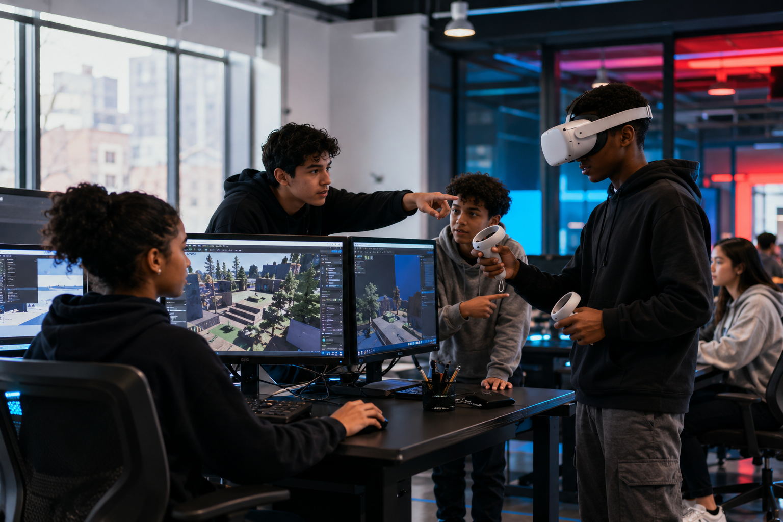 Students creating 3D models and exploring them in virtual reality