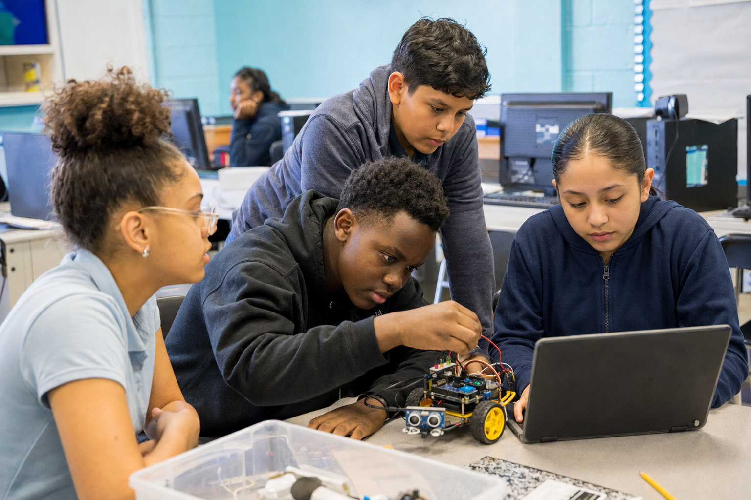 A diverse team of students building and testing a classroom robot